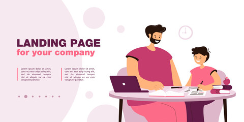 Dad helping his son doing his homework. Flat vector illustration. Parent and child sitting at table, teaching with books, laptop, boy reading and writing. Home education, parenting, support concept