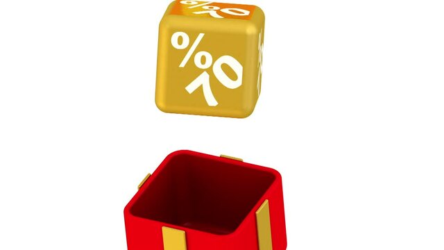 Seventy percentage for free. Closed red gift box with golden ribbon and bow is opening and golden cube with 70 percent bonus flies out. Footage video