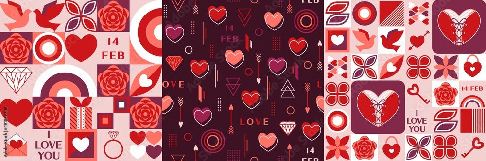Poster set of seamless geometric patterns with holiday symbols of valentines day and abstract shapes.