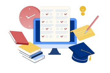 3D isometric landing page template of online examination on computer. Online test, opinion checklist, online education, questionnaire form, survey metaphor, answering internet quiz, computer testing. - obrazy, fototapety, plakaty