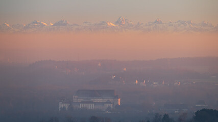 Monastery Wiblingen at sunset with alps in the background
