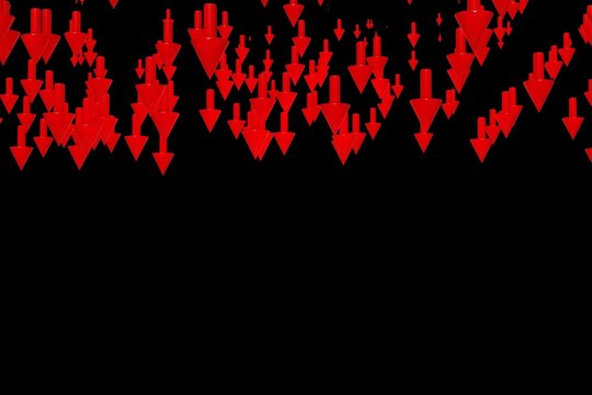 Market fall red pointers layout with copy space. Downward trend. Black background.