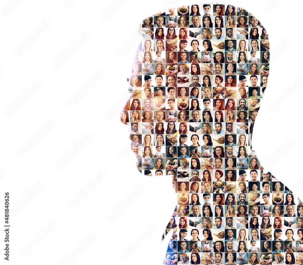 Aufkleber Faces of mankind. Composite image of a diverse group of people superimposed on a man's profile.