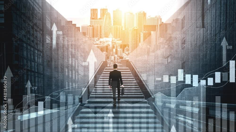 Poster loopable video of business growth potential concept with virtual graphic . businessman with report c