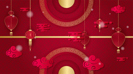 Red and gold happy chinese new year festival banner background design. Chinese china red and gold background with lantern, flower, tree, symbol, and pattern. Red and gold papercut chinese template