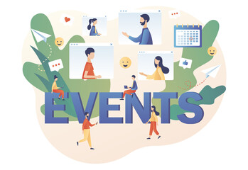 Online corporate party, meeting friends and colleagues. Events - big text. Tiny people team celebration on video chat. Video conference. Modern flat cartoon style. Vector illustration