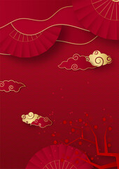 Red and gold happy chinese new year festival banner background design. Chinese china red and gold background with lantern, flower, tree, symbol, and pattern. Red and gold papercut chinese template