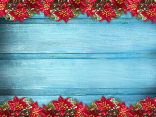 Winter wooden blue nature background with poinsettia two sides. Texture of painted wood horizontal boards. Christmas, New Year card with copy space.