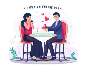 a young man giving an engagement ring in a little red box and making a proposal. a couple on a date and having dinner together on valentine's day. Flat style vector illustration