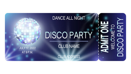 Disco party entrance ticket template. Design for a concert, party, festival.