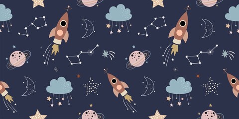 Estores personalizados com sua foto Space seamless pattern for kids, children.Wallpaper nursery room, background for gift paper, doodle style