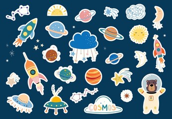 Space stickers collection for kids, planets, moon, constellation, rocket - obrazy, fototapety, plakaty