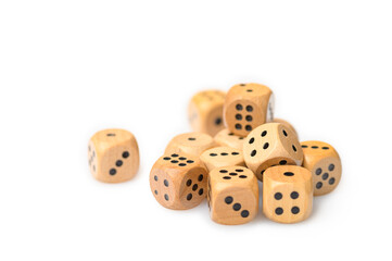 wooden playing cubes for board games on a white isolated background