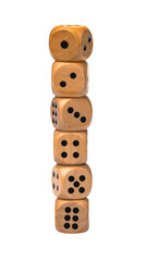 six wooden dice standing upright on a white isolated background