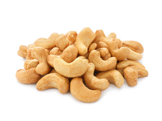 Pile of tasty organic cashew nuts isolated on white
