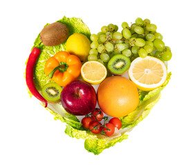 Heart shape fruits and vegetables isolated white background. Healthy food concept.