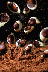 Chocolate candies Sea treasures on a dark background
