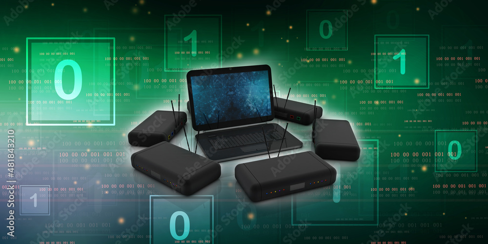 Poster 3d rendering transmitter wi-fi modem with laptop
