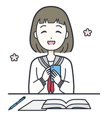 勉強中にスマホ休憩する女子学生のイラスト素材