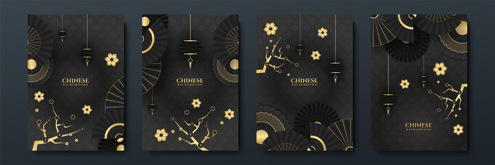 Modern 3d black gold chinese china background with lantern, lamp, border, frame, pattern, symbol, cloud, rigid fixed fan and flower. - obrazy, fototapety, plakaty