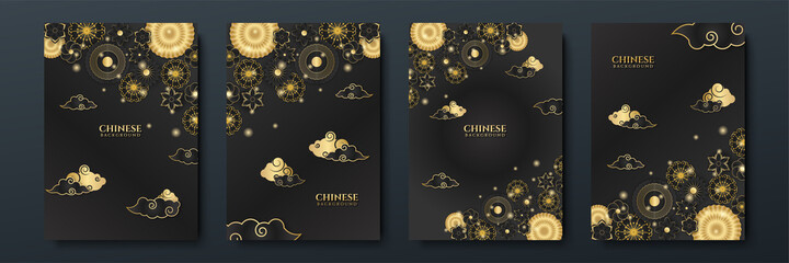Obraz na płótnie Canvas Modern 3d black gold chinese china background with lantern, lamp, border, frame, pattern, symbol, cloud, rigid fixed fan and flower.