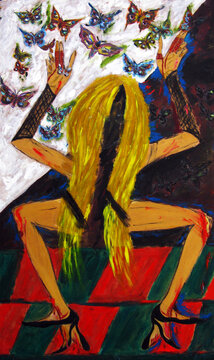 Avant-garde art. Woman and butterflies, meditation, oil painting, expressionism. Contemporary art
