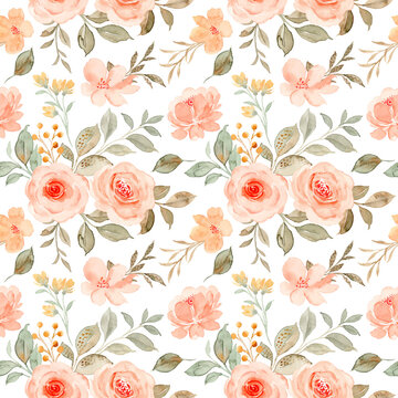 Peach Rose Flower Watercolor Seamless Pattern