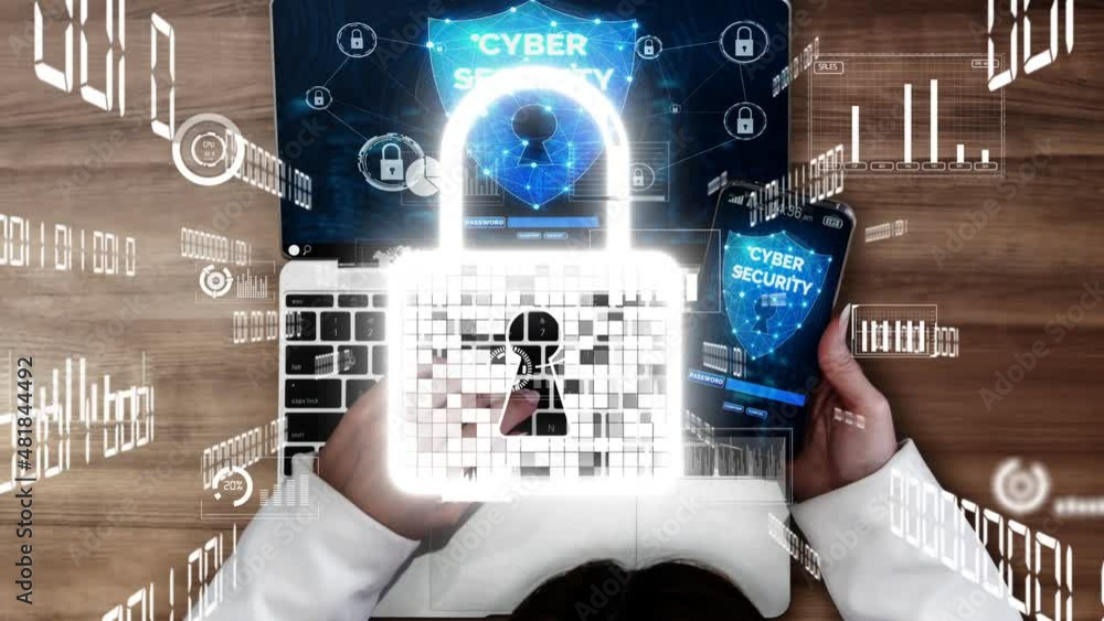 Poster cyber security and digital data protection conceptual . graphic interface showing secure firewall te