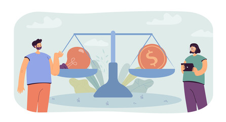 Tiny man and woman standing near scales with light bulb and dollar coin. Businessman paying for idea flat vector illustration. Investment, startup concept for banner, website design, landing web page