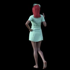 woman with red hair in green dress nurse poses on dark background, 3d illustration