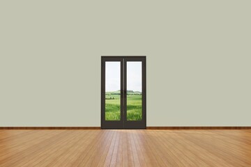 Pedestal screen in a room, wooden floor and a door to the garden, box support concept. Podium for brand promotion product, realistic 3d digital render