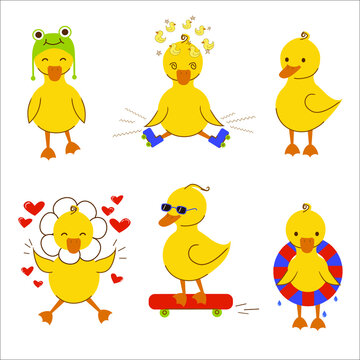 A set of cute ducklings with different emotions and situations. On a skateboard, fell from roller skates. Emoji ducks.