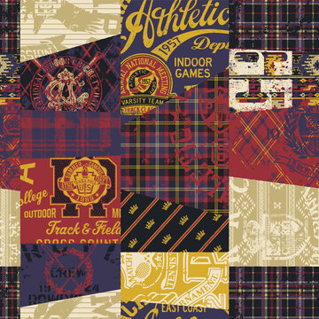 Vintage American college athletic elements patchwork grunge vector seamless pattern with plaid tartan and native fabric background
