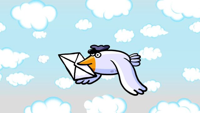 Cartoon carrier pigeon flying with envelope. Postman animal. Message symbol seamless loop with moving clouds. Post office symbol. Oldschool messenger. Bird bringing message. 