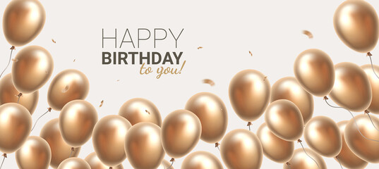 Vector illustration with heap of realistic golden color air balloon with text happy birthday. Beautiful holiday template design with balloon and confetti on light background