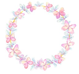 Watercolor round frame with butterflies and leaves of delicate flowers on a white background.Greeting card, banner with a place for text.