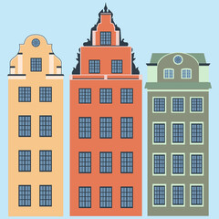 Swedish houses located on the square. Vector graphics. EPS10