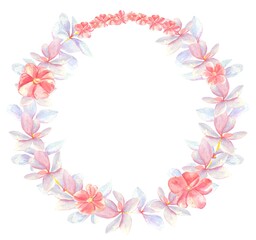 Watercolor round frame with flowers and leaves in delicate colors on a white background.Greeting card, banner with a place for text.