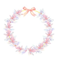 Watercolor frame with a twig and a bow of delicate flowers on a white background.Greeting card, banner with a place for text.