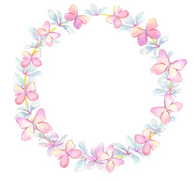 Watercolor round frame with butterflies and leaves of delicate flowers on a white background.Greeting card, banner with a place for text.