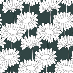 Daisies monochrome seamless pattern. White flower on black stock vector illustration for fabric print, for web, for print