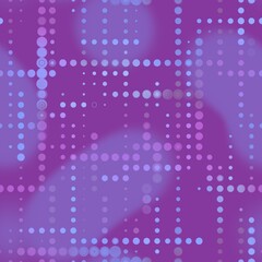 Abstract seamless pattern with perpendicular stripes of light blue and pink dots on a lilac background with spots.