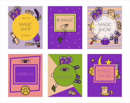 Magic hand drawn doodle banners. Vector icons of magic items. Collection halloween elements. Magic broom, potions, fortune-telling cards, runes, books, magic wand, hourglass Magic shop, show, mystical