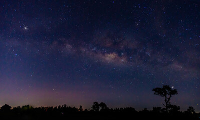 Blue night panorama, milky way sky and stars on dark background, universe filled with stars, nebula and galaxies with noise and photo pigmentation by long exposure and white balance selection focus.