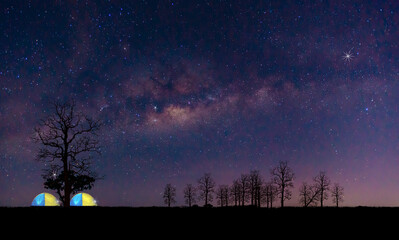 Blue night panorama, milky way sky and stars on dark background, universe filled with stars, nebula...