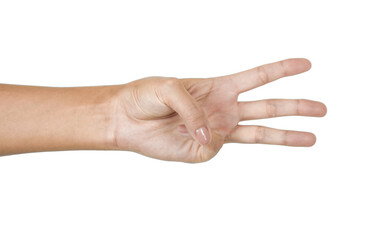 Fmale hand showing sign - three fingers, number three on white background. Fourth photo in the set