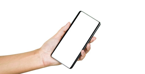 Woman's hand with blank cellphone display, close-up. First photo in the set