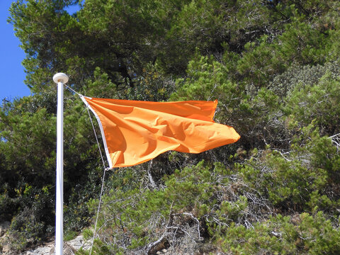 orange flag fluttering in the sun with pine trees in the background on a beach