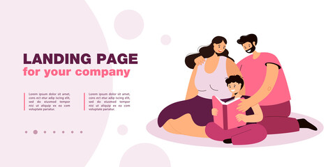 Family reading book together flat vector illustration. Father, mother and their son reading book. Parenthood, reading, hobby, family, literature concept for banner design or landing page