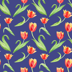 Naklejka na ściany i meble Watercolor spring flowers, seamless pattern with red tulips on blue background.